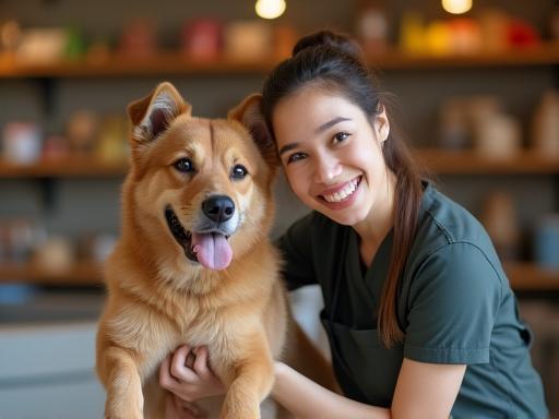 Membro dello staff sorridente con un cane nel negozio.