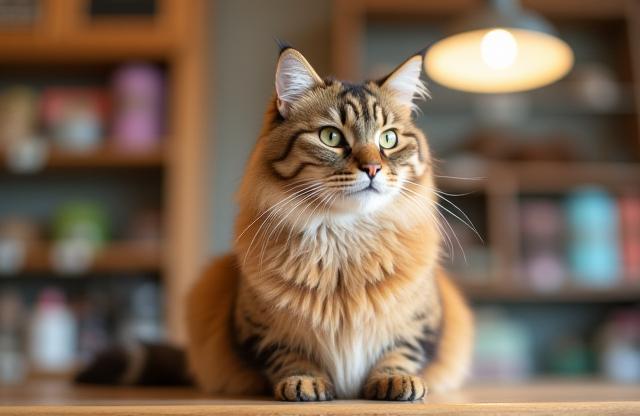 Gatto amichevole seduto su un bancone del negozio.
