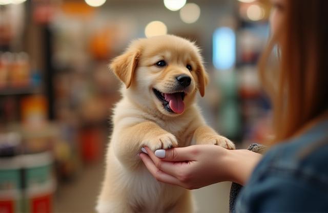 Cucciolo felice con un cliente nel negozio.