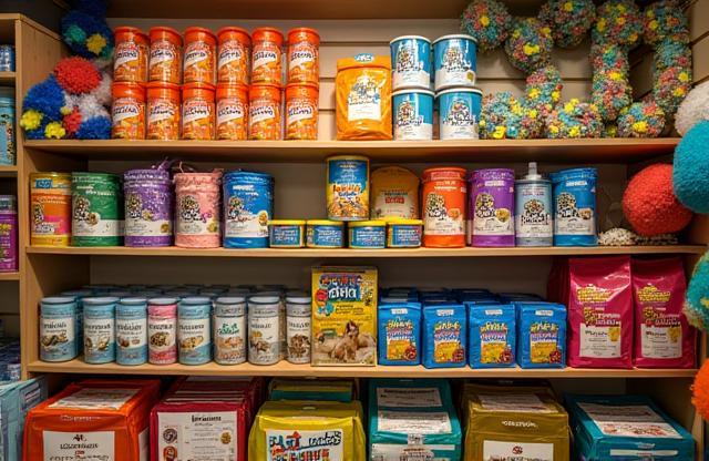 Esposizione attraente di prodotti per animali: giocattoli e cibo.