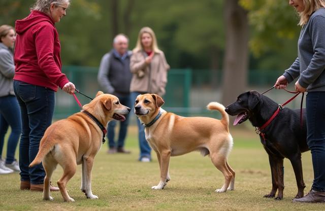 Gruppo di cani e proprietari in un corso di addestramento.