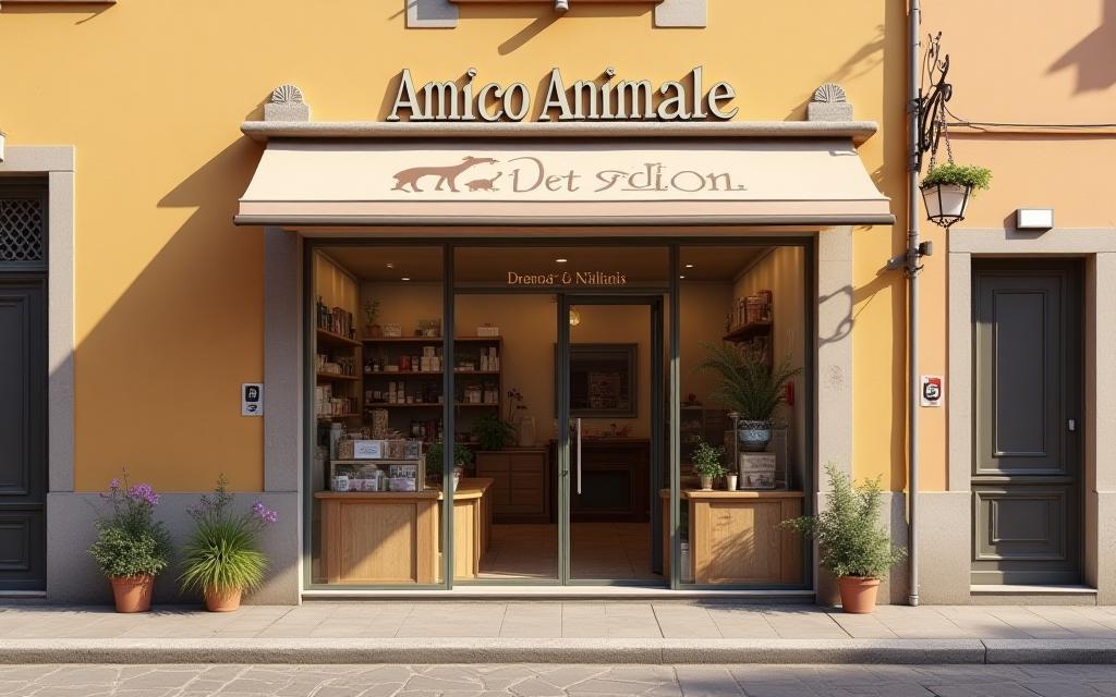 Esterno del negozio Amico Animale con insegna accogliente